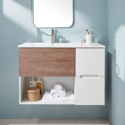 Meuble-lavabo mural simple 36 po à 3 tiroirs avec plateau en céramique 36 po