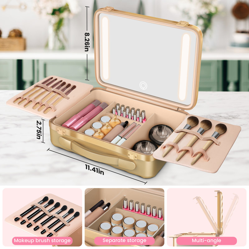 Portable Makeup Organizer Makeup Tool Case With Led Mirror Pink, Gold