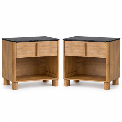  27"W Large Nightstand Set of 2 with Drawer and Open Storage, Rounded Wood Bedside Table