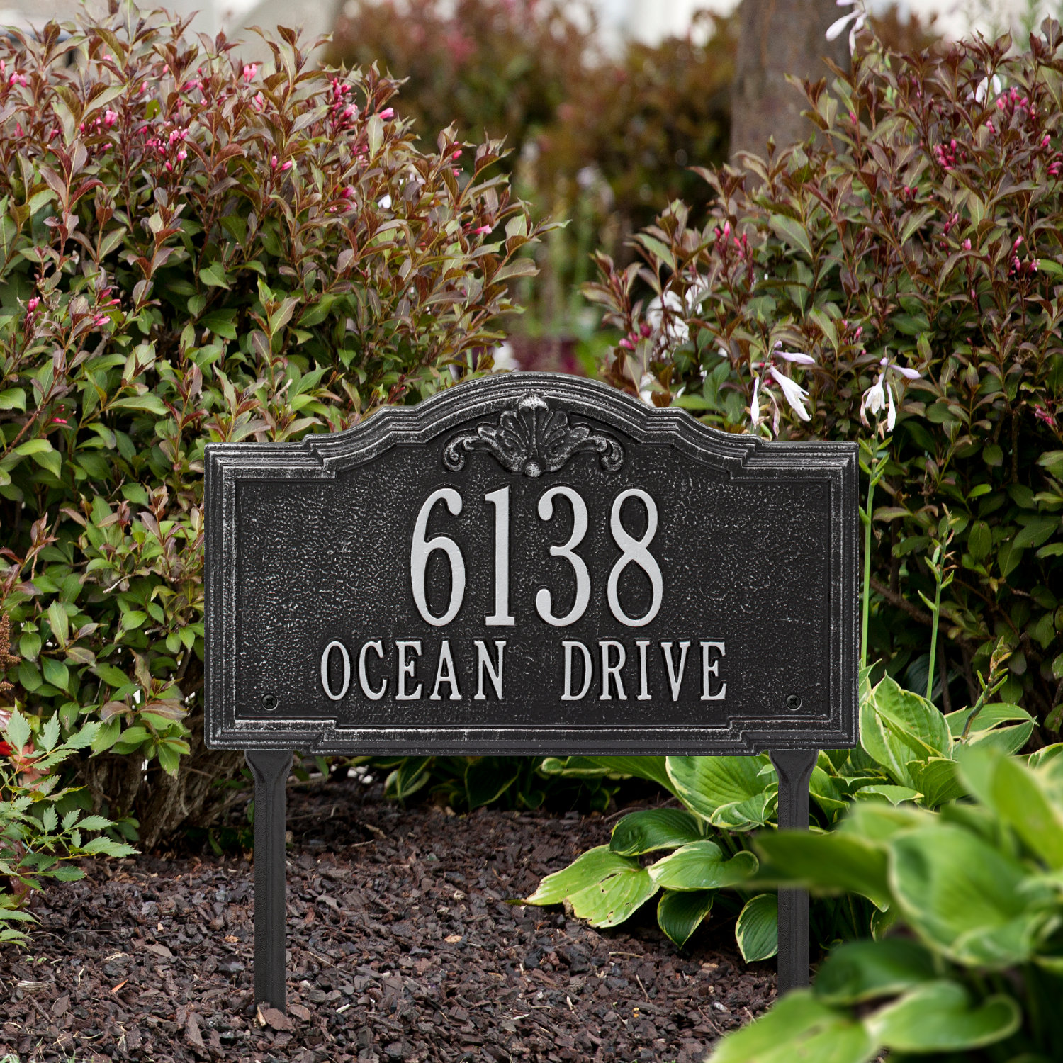 Gatewood 2-Line Lawn Address Sign, Black/Silver, Yes