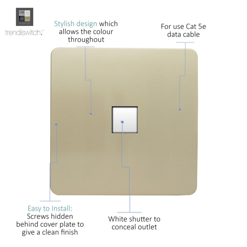 Trendi Switch 1 Gang RJ45 Cat 5e PC Ethernet Socket, Gold