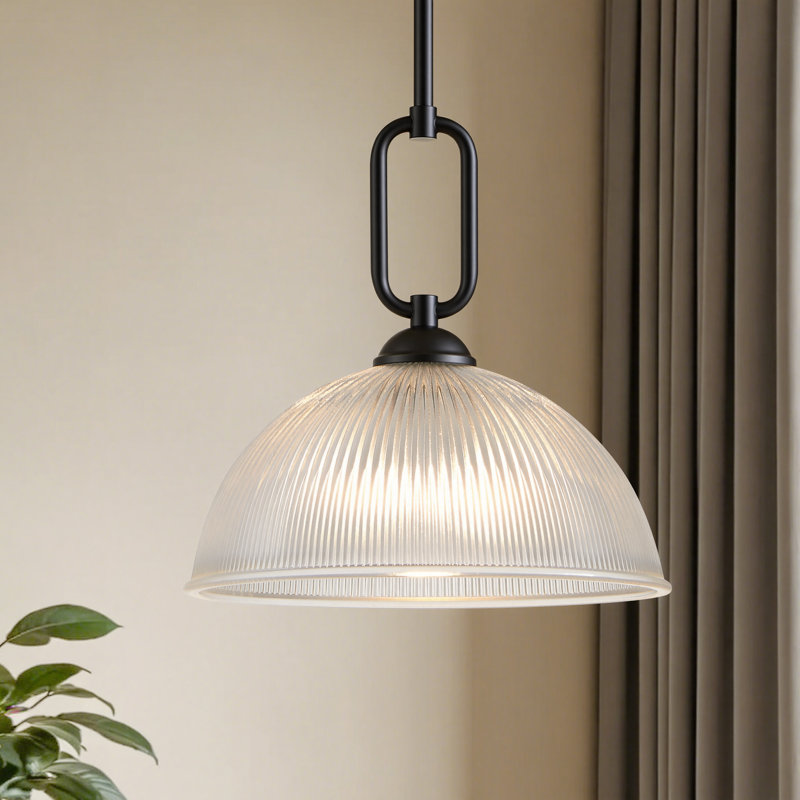 12’’ Pendant Light With Ribbed Glass Shade, Matte Black