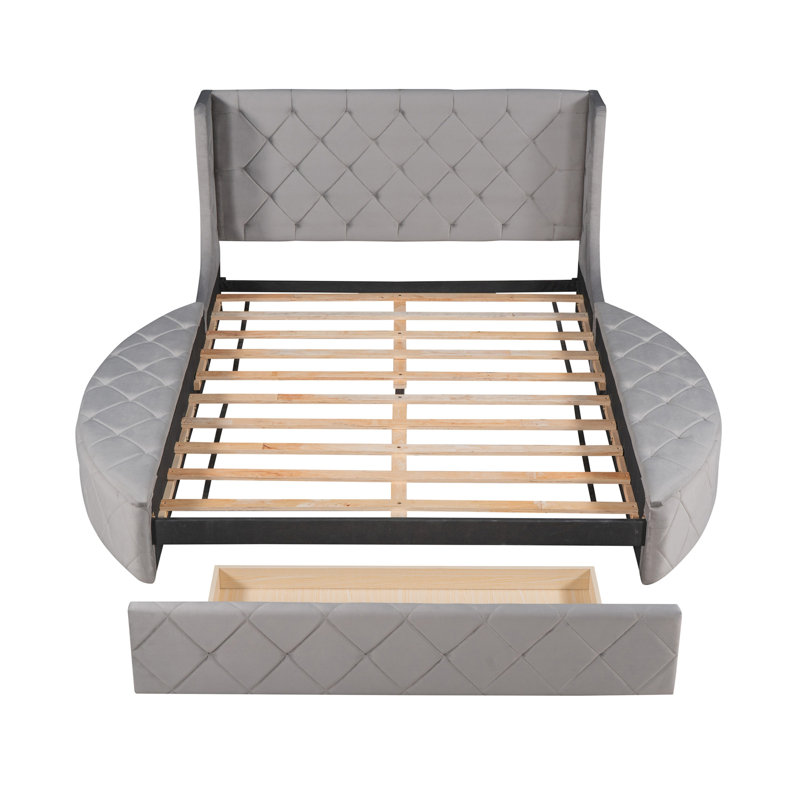Lit plateforme tapissier en velours avec tête de lit à oreilles, 1 grand tiroir et 2 tabourets de rangement latéraux (gris)