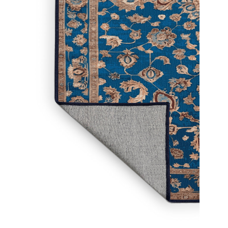 Tapis bleu Tabriz lavable à la machine, Carré 5 pi