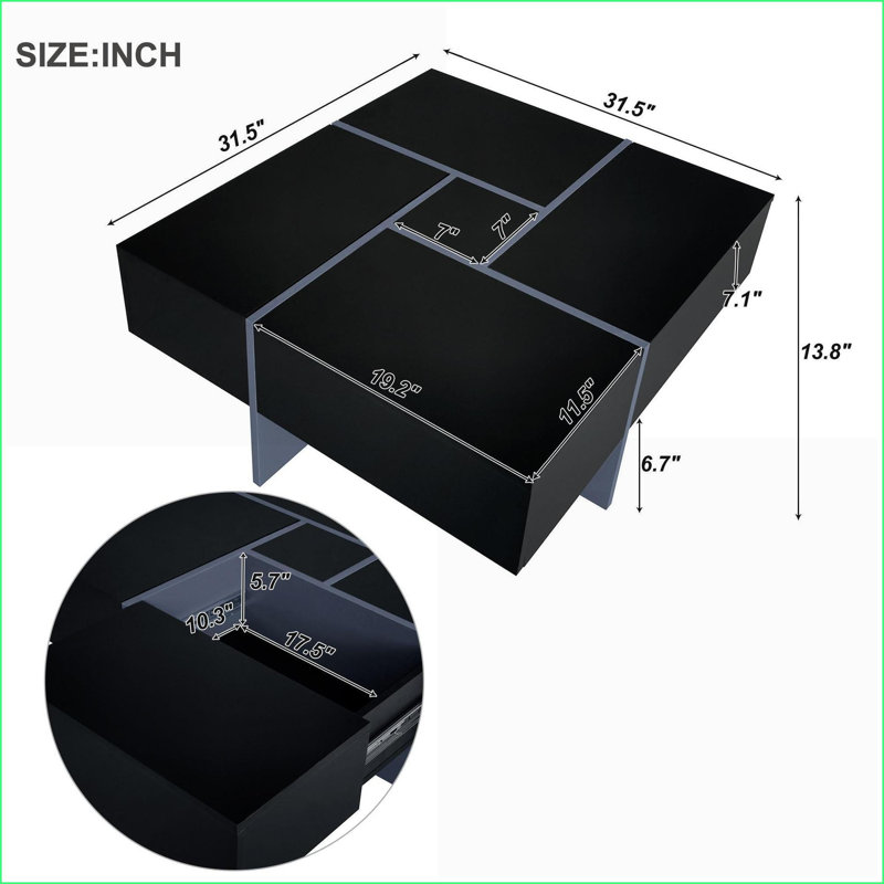 4-Way Extendable Black Coffee Table with 4 Hidden Compartments, Space-Saving Living Room Table, Black/Blue