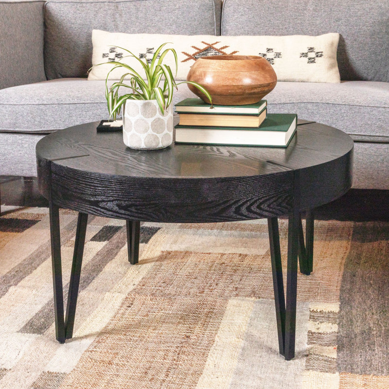 Astoria Round Wood Side Coffee Table with Metal Hairpin Legs, Black