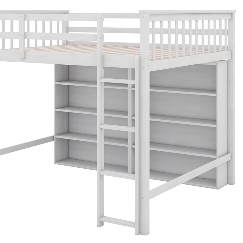 Lit mezzanine double avec tablettes, Blanc antique