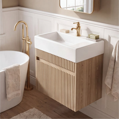 Meuble-lavabo flottant de 18,5 po avec lavabo en résine - Charnières murales, sans poignée, à fermeture en douceur, armoire en panneau de fibres à densité moyenne, finition bois