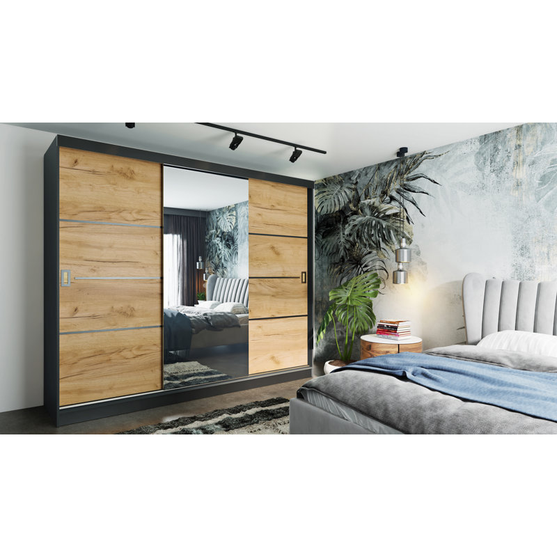 Amalberga 3 Door Solid + Manufactured Wood Wardrobe, Black/Natural