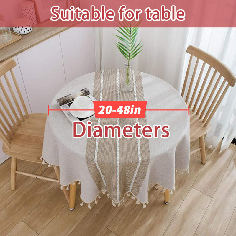Beige and Off-White Round Cotton Linen Tablecloth with Tassels