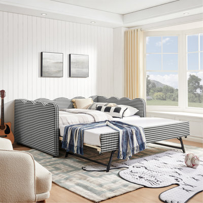 Lit de jour en vichy double avec couchette simple sans sommier, avec port USB et adorable tissu en forme de vague
