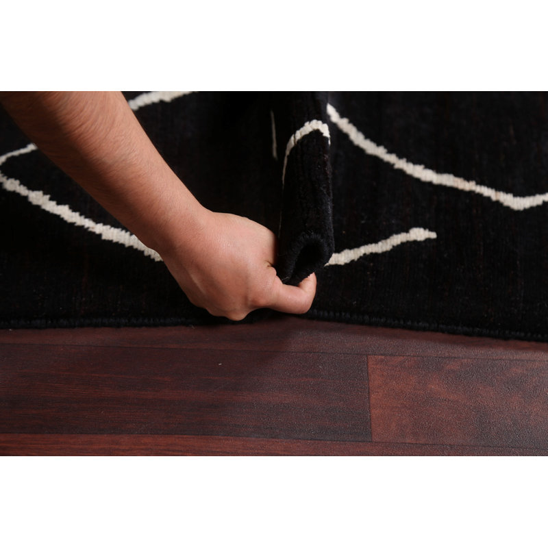 Tapis noir en laine noué à la main de conception unique 7 pi 10 po x 9 pi 10 po