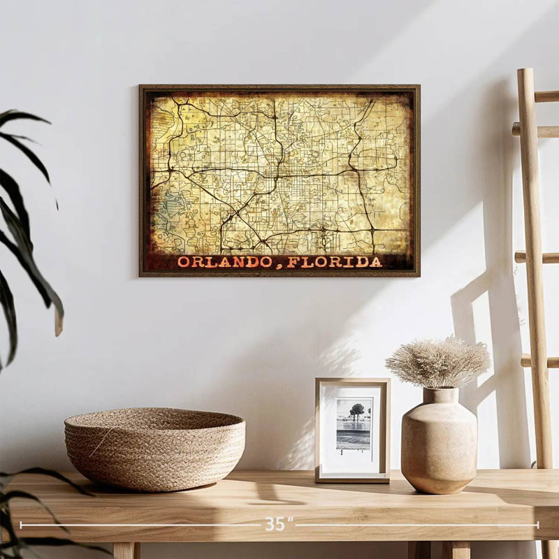 Rétro carte de la ville de Orlando, 19 po x 13 po, Cadre flottant noyer
