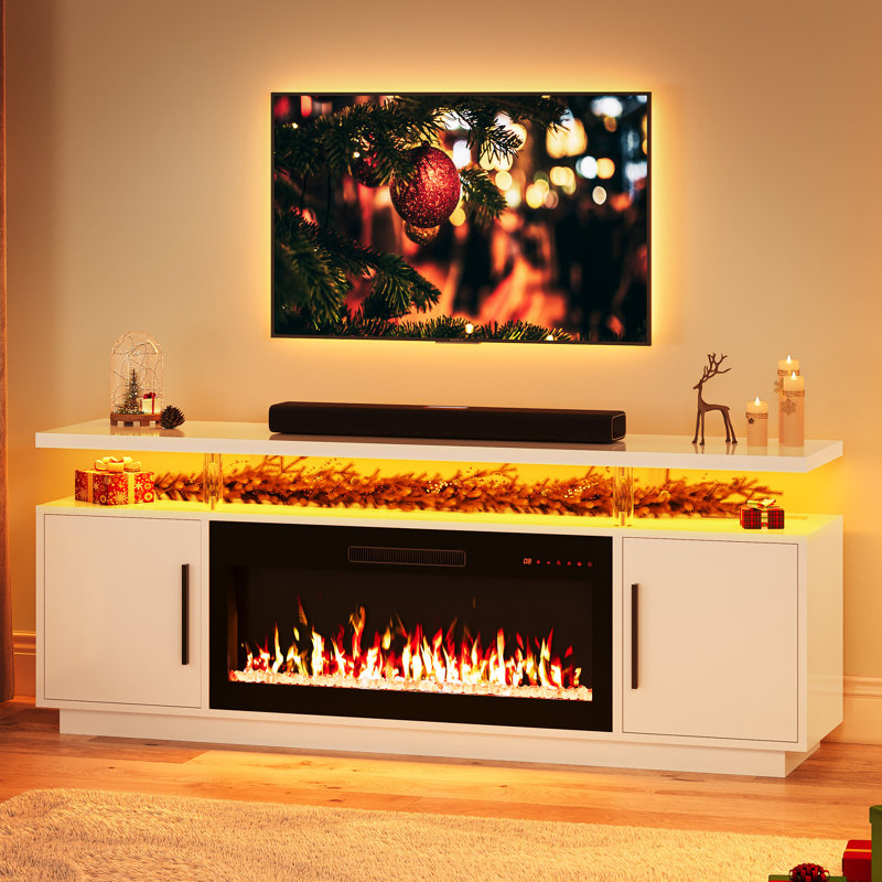  Meuble télé 70 po pour téléviseur de 75 po ou moins Blakelee, meuble multimédia avec foyer électrique inclus, 70", Blanc