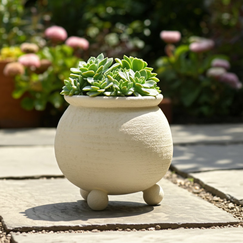 Hooge Planter Pottery Cement Tripod Feet Rustic Texture For Home Or Garden - 9" Ivory & Beige