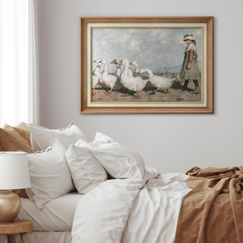 Little Girl Goose Flock Animals, impression sur papier, Pas de tapis, Encadré naturel