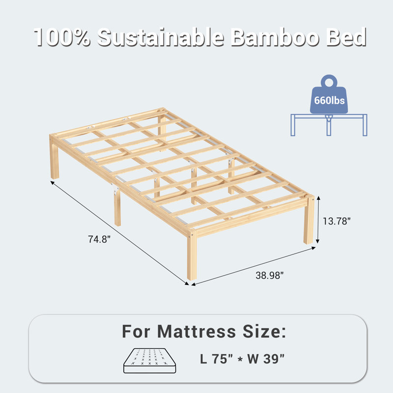 Lit plateforme avec base en bambou et lattes, Simple, Naturel