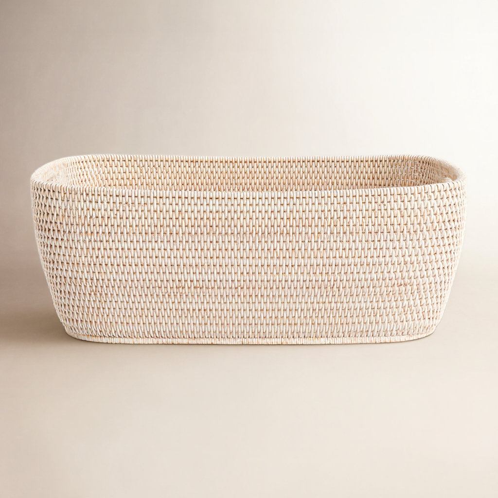 Handmade Coastal Decorative Basket 1, White Wash, 9" H x 26" W x 20" D
