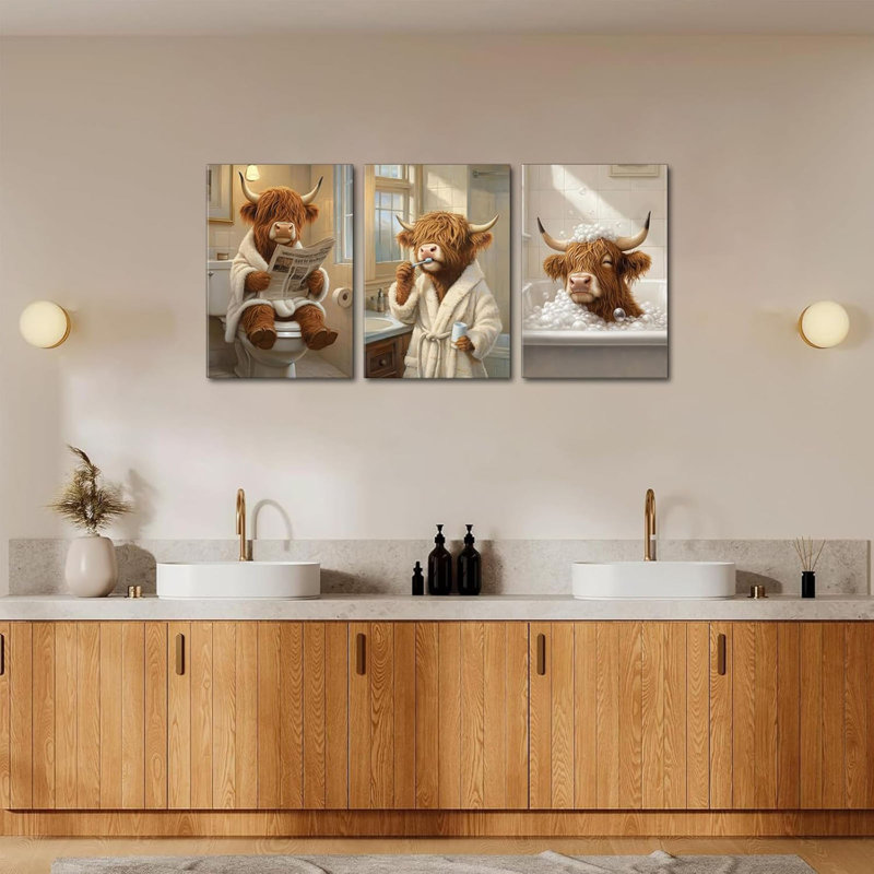 3 pièces Drôle de salle de bain Highland Cow toile Art mural animaux salle de bain peintures murales rustique ferme vache mignonne affiche impression d'art pour la salle de bain toilettes toilette décoration de la maison