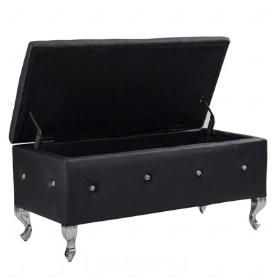Upholstered Storage Ottoman Bench For Bedroom End Of Bed Faux Leather Rectangular Storage Benches Footrest With Crystal Buttons For Living Room Entryway