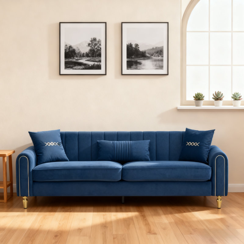 87.4" 3-Seater Upholstered Living Room Sofa with High Resilience Foam, Pocket Spring Seats & Metal Legs, Retro Blue