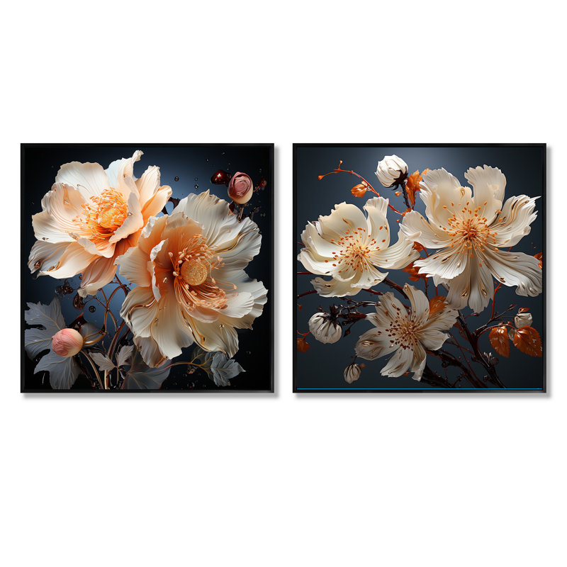 Ensemble de 2 collages carrés Hibiscus, Cadre flottant noir, H 16 po x l 33 po