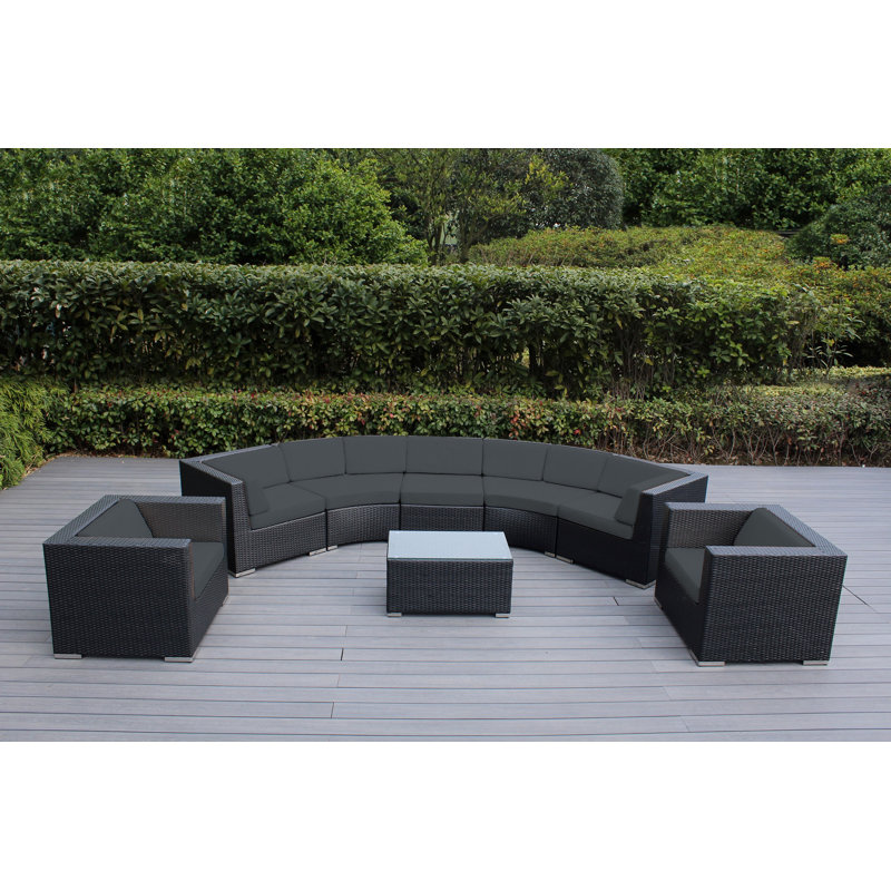 Billyjo Wicker 7 - Person Curved Seating Group with Cushions - No Assembly, Polyester Gray, Black