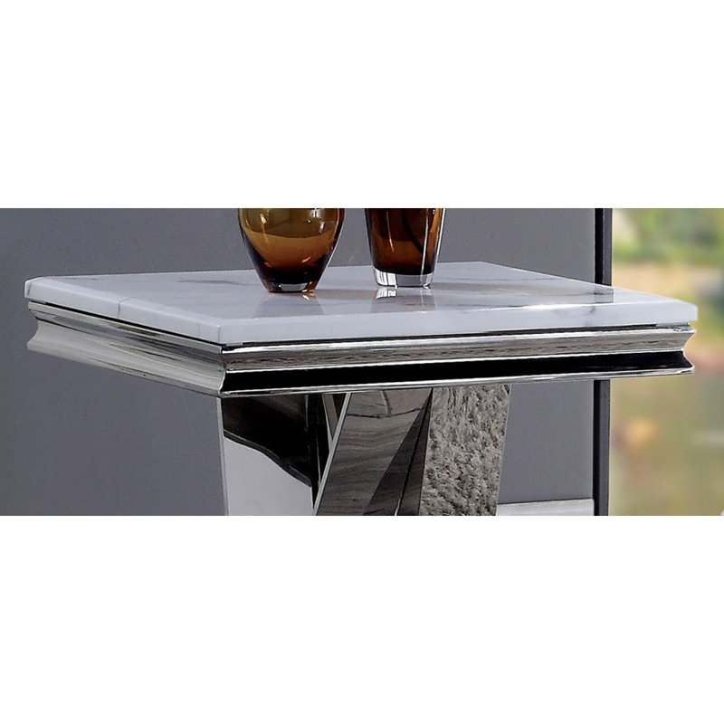 Table de bout 1Pc de style glamour moderne 18 mm Faux marbre sur le dessus Rectangle V-base piédestal Base en acier inoxydable Structure en métal Chroma Finition de table basse - non inclus