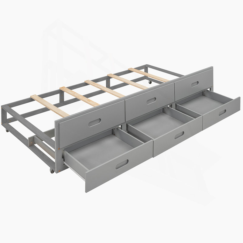 Lit plateforme avec tête de lit, USB, lit gigogne et 3 tiroirs, Gris, Double
