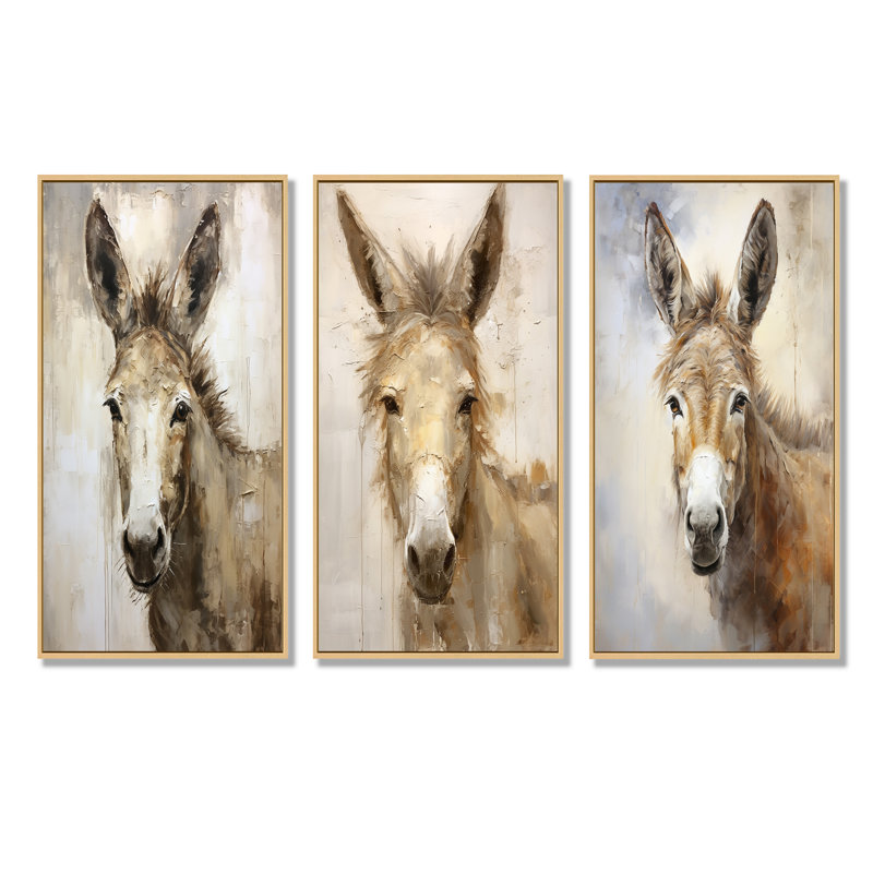 Portrait sophistiqué d'âne, ensemble de 4 reproductions d'art sur toile, H 28 po x l 36 po, Cadre flottant brun
