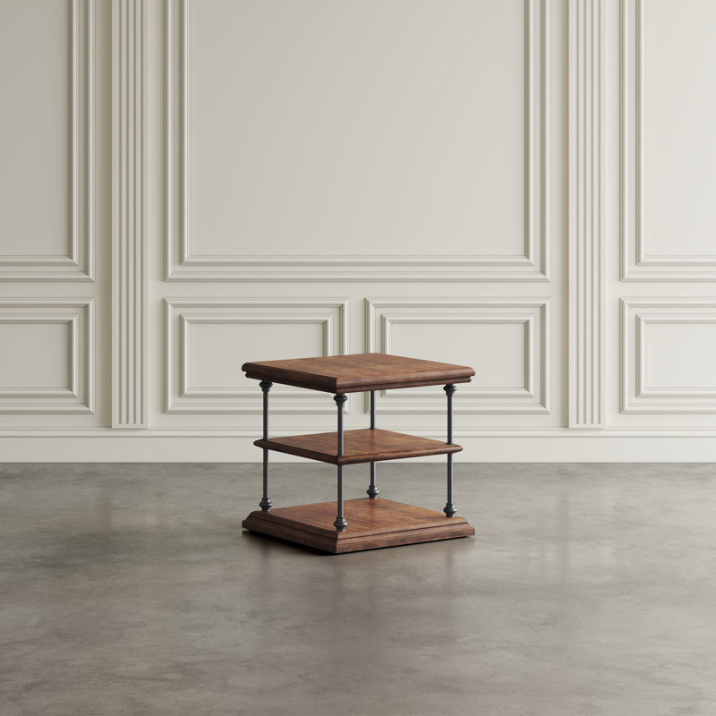 Table de bout carrée en bois massif avec tablettes de rangement Larson