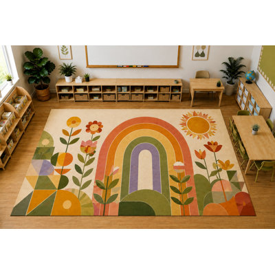 "Ultra Thin" 5' x 7' Boho Rainbow Floral Area Rug, Soft Low Pile Indoor Rug with Non-Slip Silicone Backing for Nursery and Kids Room, Beige