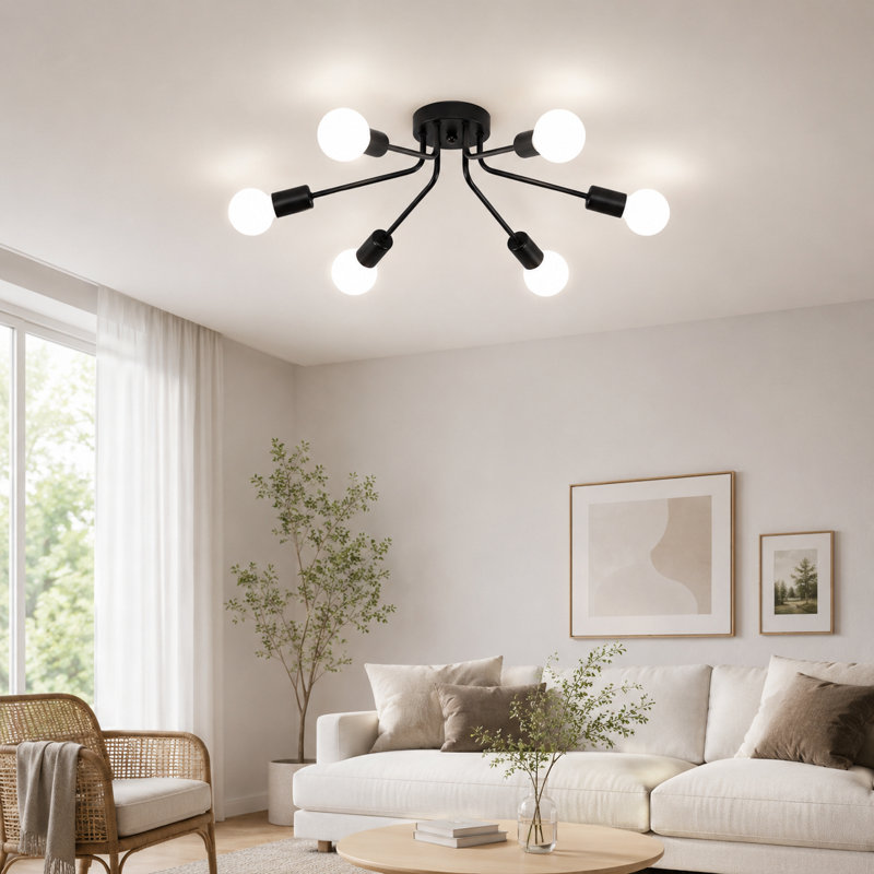 Plafonnier semi-encastré 6 lumières, lustre moderne doré Bujer, plafonnier de ferme industriel en métal pour le salon, la salle à manger et la chambre à coucher (ampoule non incluse)
