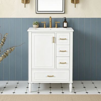 Meuble-lavabo compact sur pied avec lavabo en céramique, tiroirs de rangement et porte à fermeture en douceur