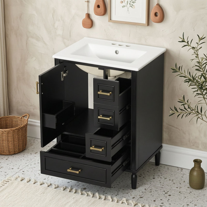 Meuble-lavabo autoportant peu encombrant avec lavabo en céramique, charnières à fermeture douce et tiroirs de rangement, Noir