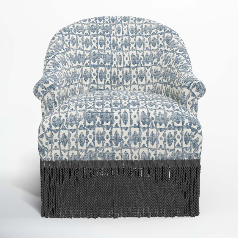 Callie Cotton Upholstered Barrel Chair with Recessed Rolled Arms and Solid Wood Legs, Black, Texture Block Blue