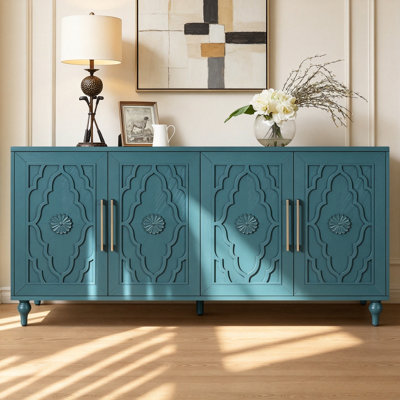 Grande armoire de rangement 63 po avec poignée en métal, portes à fleurs sculptées, tablettes réglables pour le vestibule de la cuisine du salon, bleu marine