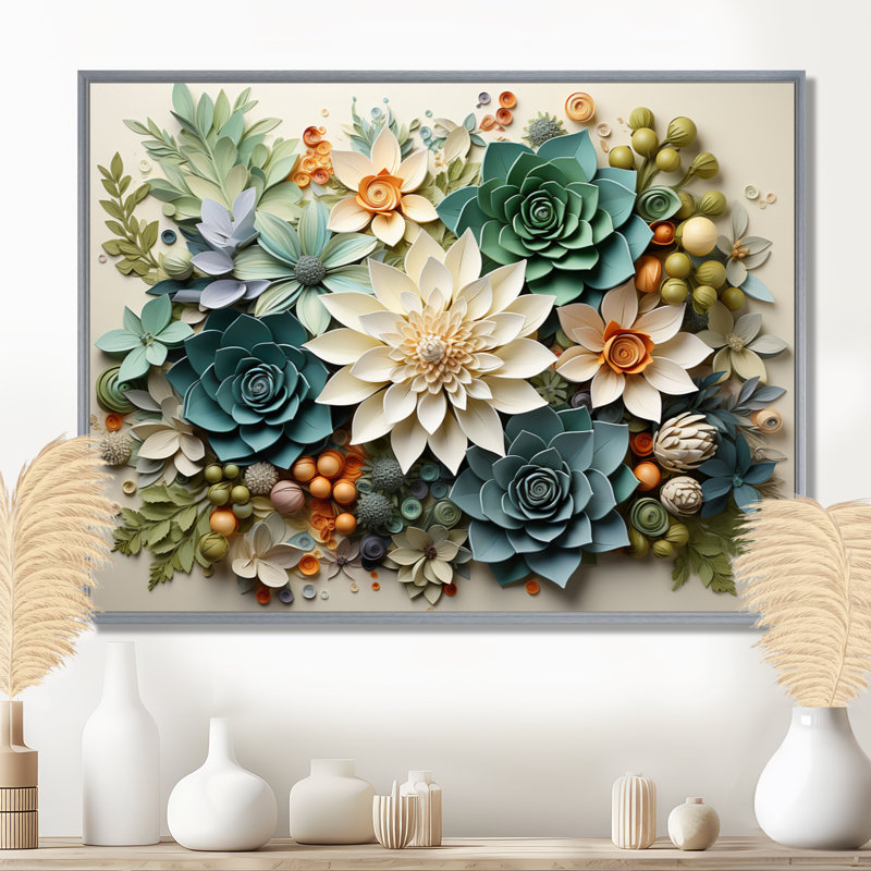 Plantes vertes succulentes sereines - Art mural, H 12 po x l 20 po x P 1 po, Reproduction avec cadre flottant, Argent argent