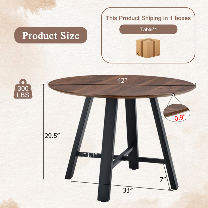 Modern Minimalist Round Multifunctional Table: 42 - Inch Diameter, MDF Tabletop With Deep Wood Grain, Black Metal Legs, Dual - Purpose As Dining & Coffee Table, Ideal For Home And Office Settings, Combining Style And Practicality
