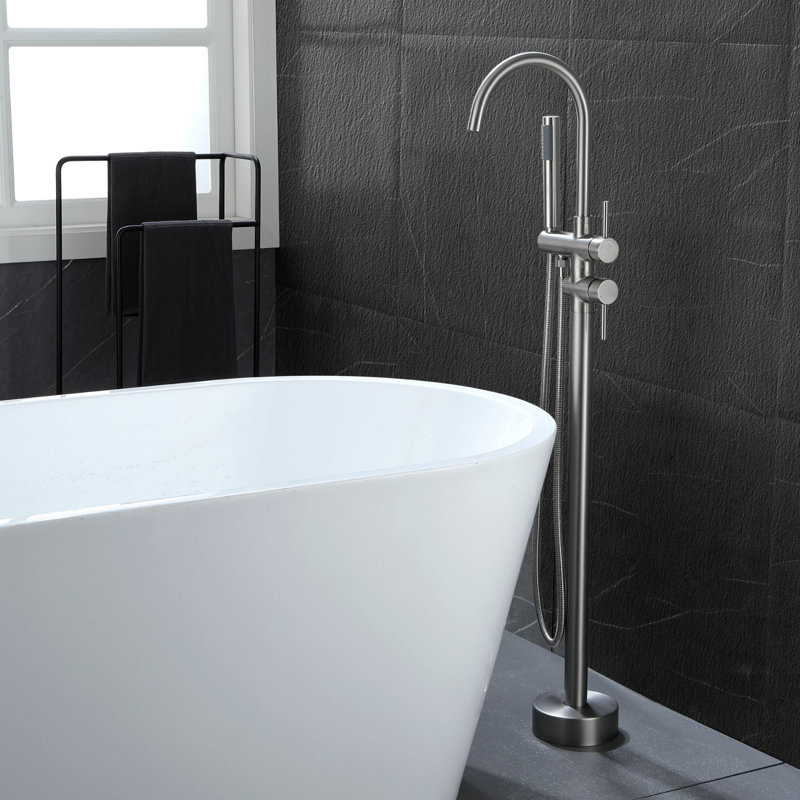 Double Handle Floor Mounted Freestanding Tub Filler With Handshower, Brushed Nickel