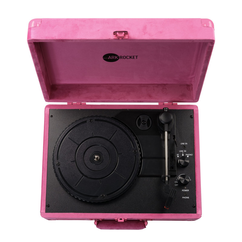 Arkrocket Curiosity Bluetooth Turntable Retro Suitcase 3-Speed Record Player with Built-in Speakers, Hot Pink