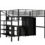 Lit mezzanine en métal avec table et garde-robe, double, conception épurée noire, structure solide, rangement spacieux, assemblage simple de taille double et de construction moderne, structure de la structure, espaces de rangement abondants, processus