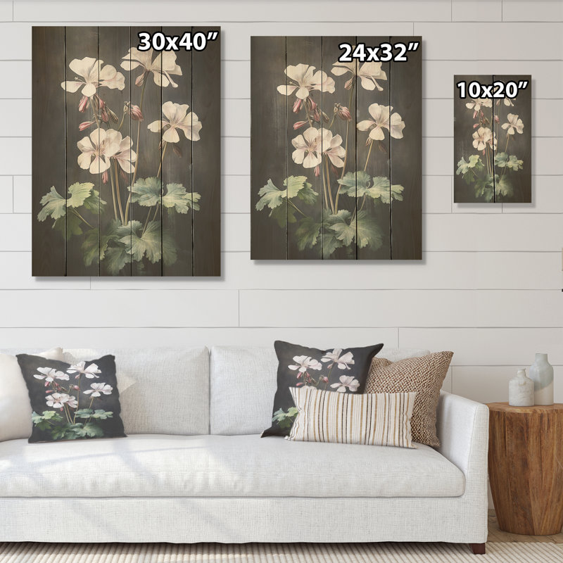 Noir et blanc, géranium, expression minimale I - géraniums, art mural sur bois de pin naturel, H 40 po x l 30 po