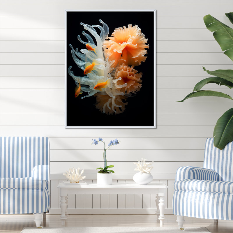 Underwater Vibrant Orange Coral - Reproduction d'art mural plage et océan, Cadre flottant blanc, H 44 po x l 34 po x P 1,5 po