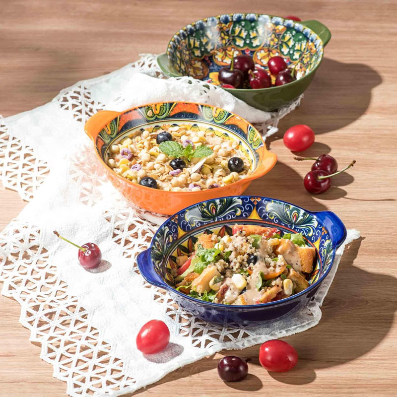 Ensemble de 6 bols en céramique avec poignées, bols à soupe et à salade de style bohémien, va au micro-ondes et au lave-vaisselle, vaisselle en porcelaine durable pour nouilles, pâtes et collations