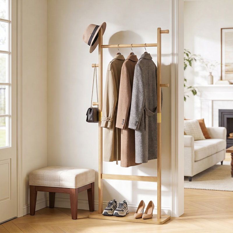 Solid Wood Coat Rack With Shelf Freestanding Hanger For Entryway, Bedroom, Living Room, Natural