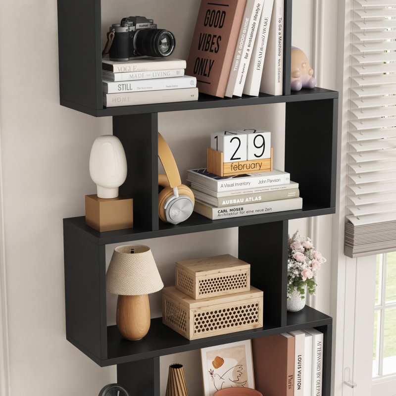 Bibliothèque géométrique H 75 po x l 27,6 po Hermoth, étagère de rangement à 6 niveaux, présentoir contemporain Hermoth, Noir