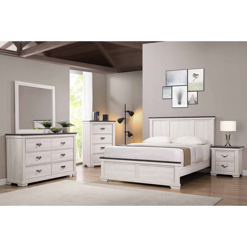 Commode de chambre à coucher avec quatre tiroirs, poignée en métal, commode pour meubles rustique gris / blanc, assemblage facile