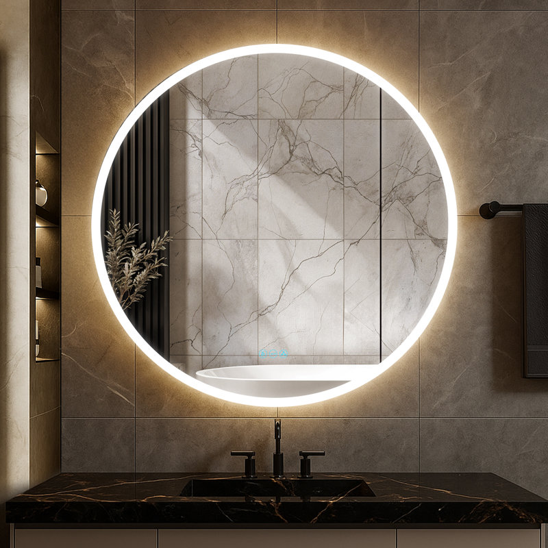 Pharmacie ronde 32 pouces à DEL avec miroir à luminosité réglable, désembueur, fermeture en douceur, tablettes de rangement, rangement en surface ou encastré pour salle de bain