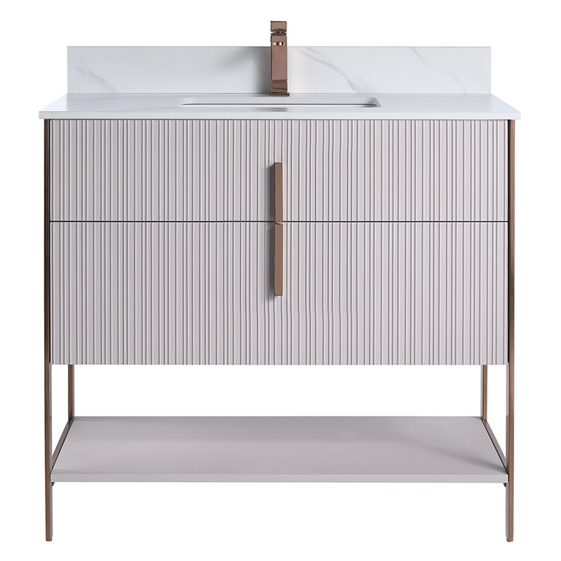 Meuble-lavabo moderne avec plateau en pierre Serenity, Taupe vif / or rose, 36", Marbre de Carrare blanc